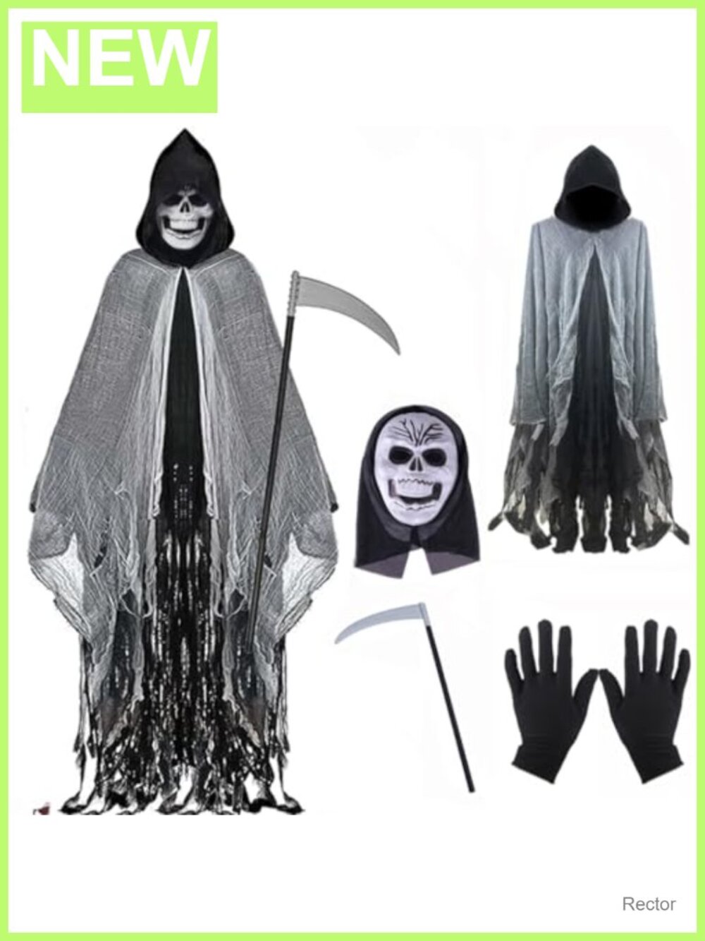 Grim Reaper Costume 4Pc Set Skull Mask Gloves Sickle Robe Halloween Cosplay